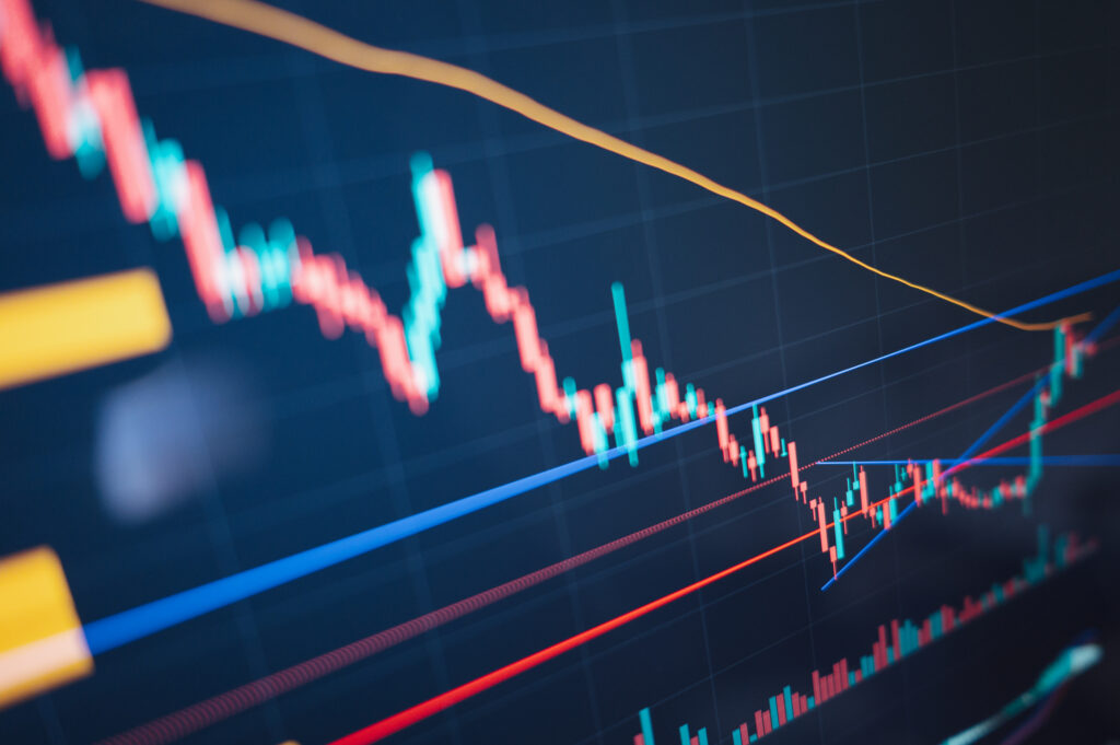 Economic with stock exchange market showing stock chart down and in red negative territory. Business and financial money market crisis concept. Illustration.